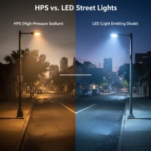 Comparison of yellow HPS street lights vs white LED street lights on a city road